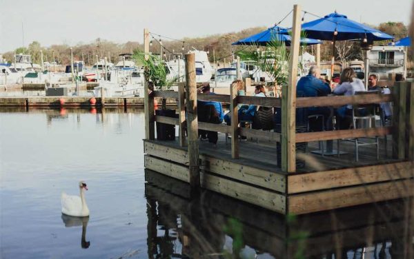 Guests dining on a waterfront deck at Seaside Grill, with a white swan gliding past marina boats at golden hour